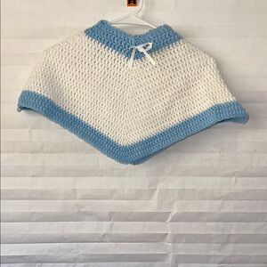 Handmade Little Girl’s Crocheted Poncho Blue/White Knit Cape Toddler/Youth Size